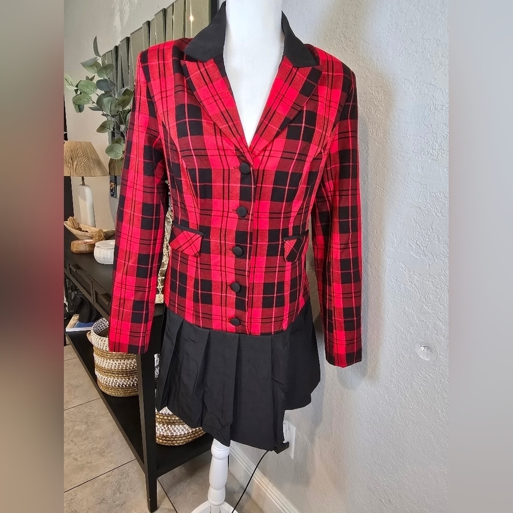 L'ATISTE By Amy Vintage Red and Black Plaid Blazer Mini Dress Size M